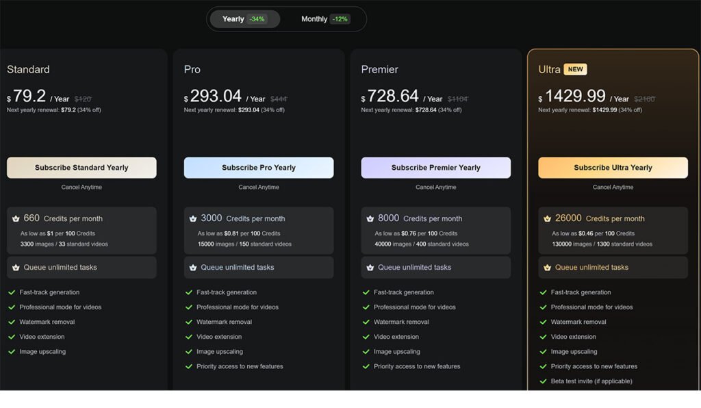 Kling AIの月間プラン・年間プラン(サブスク)