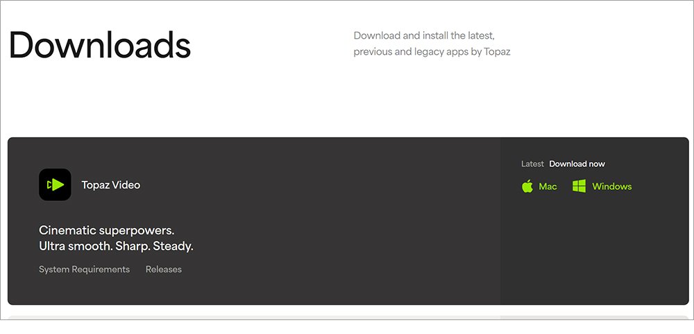 Topaz Videoのダウンロードページ